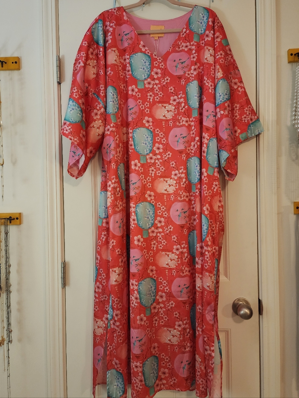 Solelia NWT Coral Floral Lantern Print Maxi Dress Asian Inspired 2X Kimono Vibe